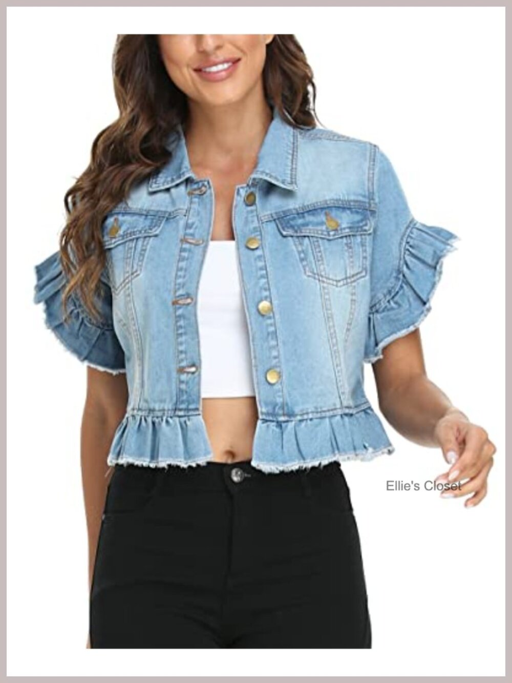 Cropped Denim Jacket Short Sleeve Ruffle Stretch Cotton